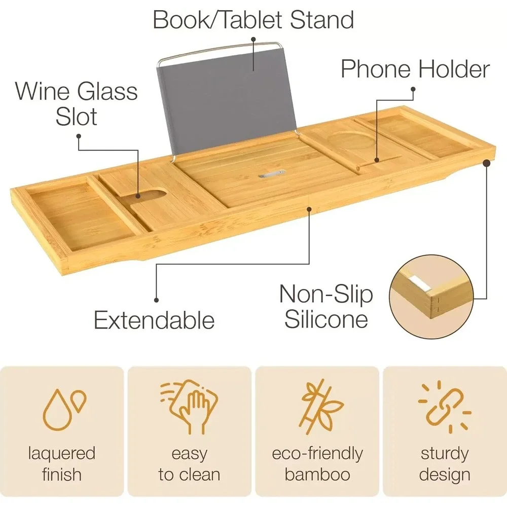 NEW -‎ Bamboo Bathtub Tray Table - Collapsible & Adjustable Bathtub Caddy